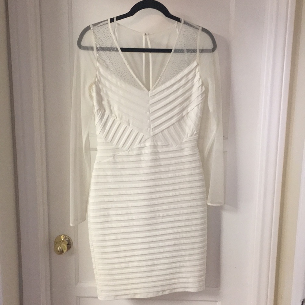 Calvin Klein- Tiered White Crystal Illusion Dress